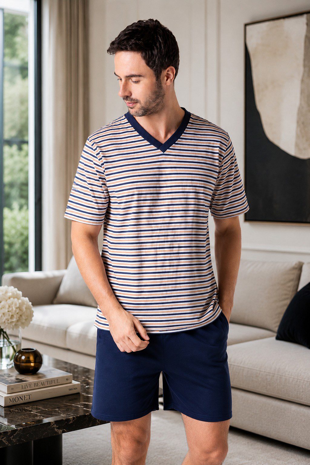 LUPO men's Striped V Neck Short Pajama Set