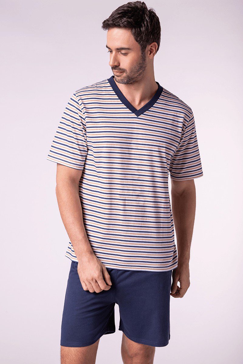 LUPO men's Striped V Neck Short Pajama Set - Imagen 2