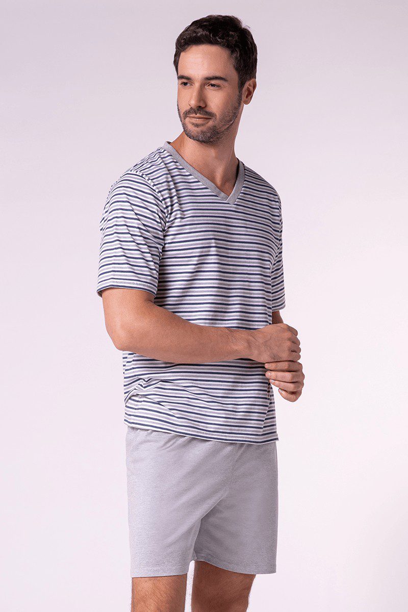 LUPO men's Striped V Neck Short Pajama Set - Imagen 6