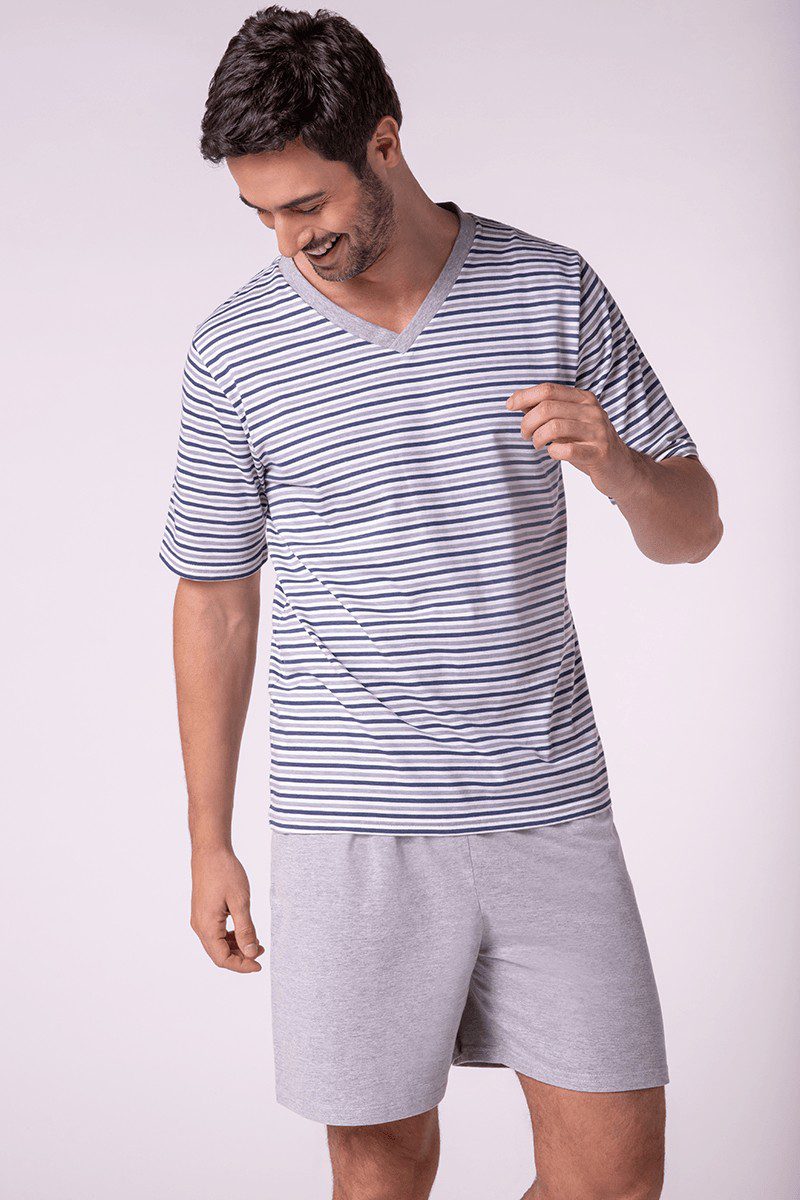 LUPO men's Striped V Neck Short Pajama Set - Imagen 5